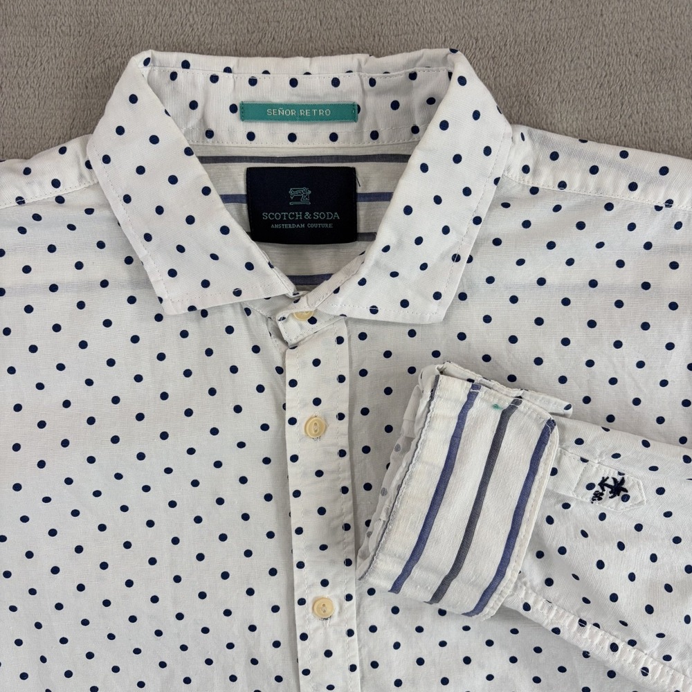 Scotch Soda Flip Cuffs Shirt in White Blue Polka Dots Men Large Long Sleeve